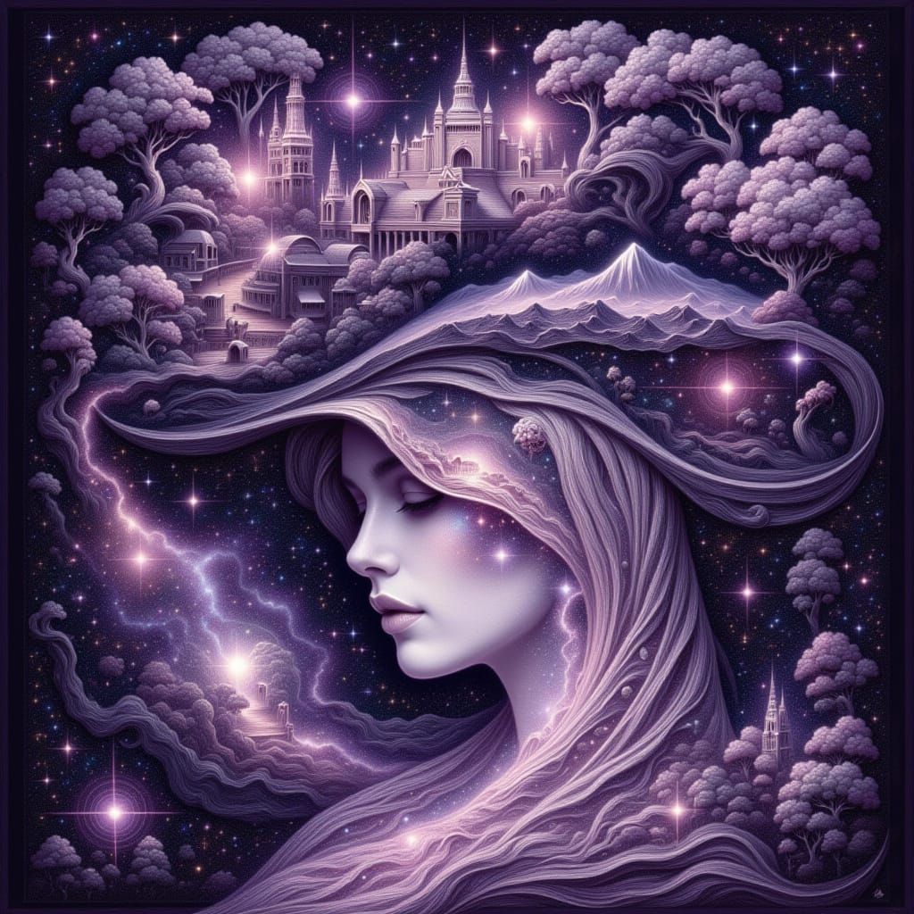 <lora:inlaid:1.0> <lora:mystery:1.0> A drawing in luminous cosmic ink on dark lilac velvet paper. mysterious baroque lady from the Land of P...