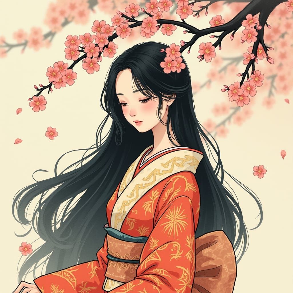 Serene Beauty Amidst Cherry Blossoms, Japanese Art Style