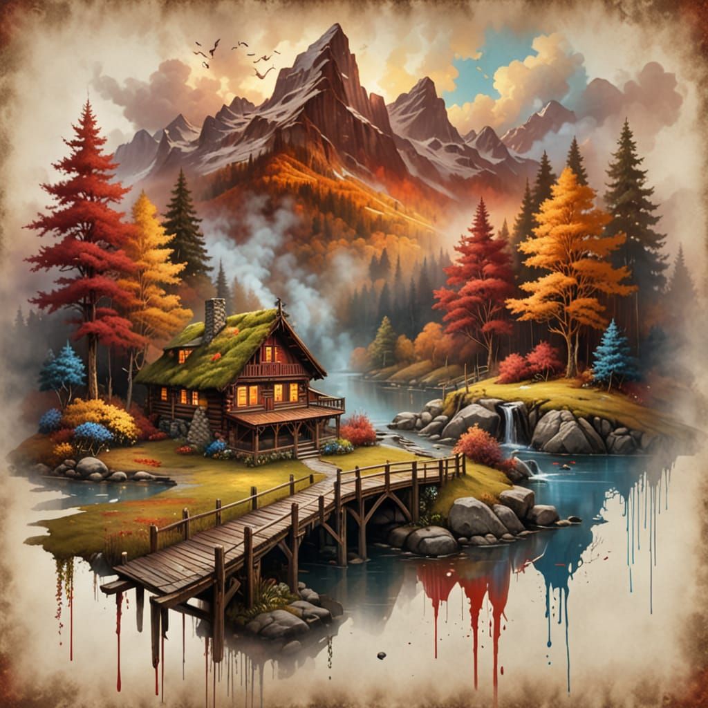 A ornate Swiss Chalet with a moss-covered roof