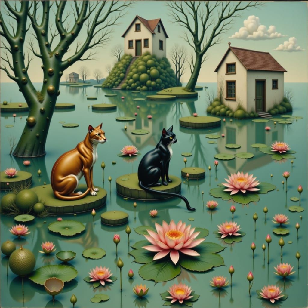 Surreal Double Exposure Tree with Animals and Village Art