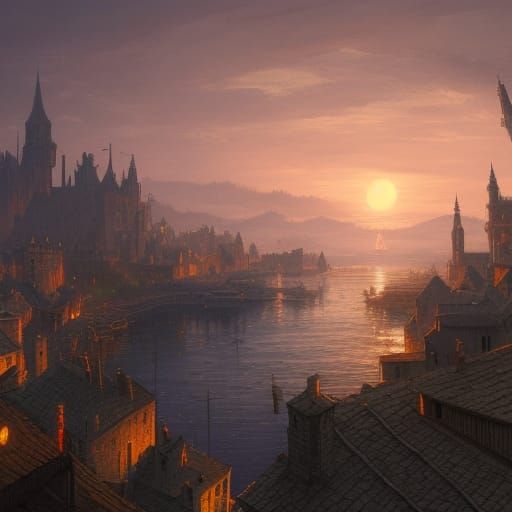 Medieval village skyline across the water at sunset