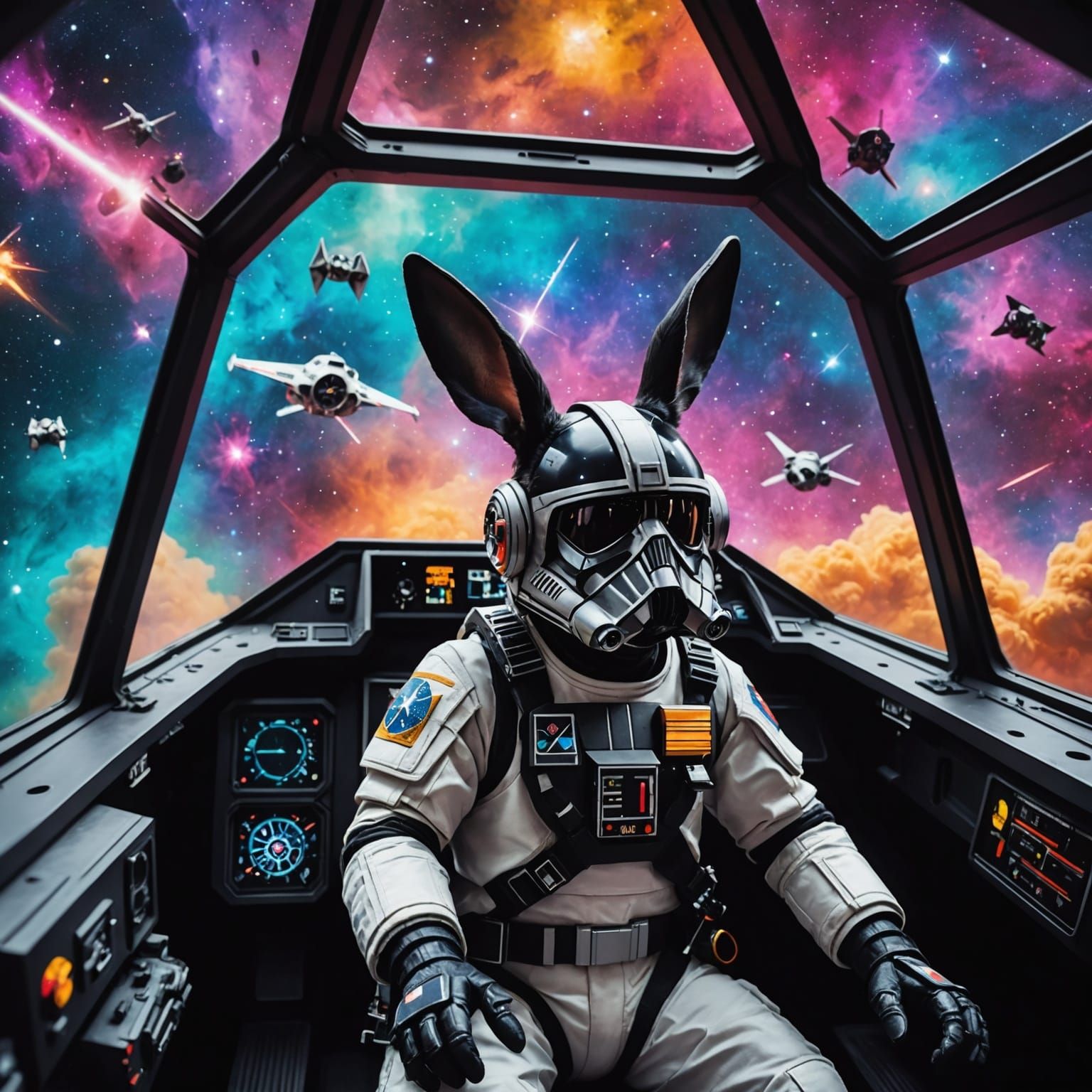An astronaut rabbit pilots a Tie Fighter through a colorful nebula as seen inside the cockpit.