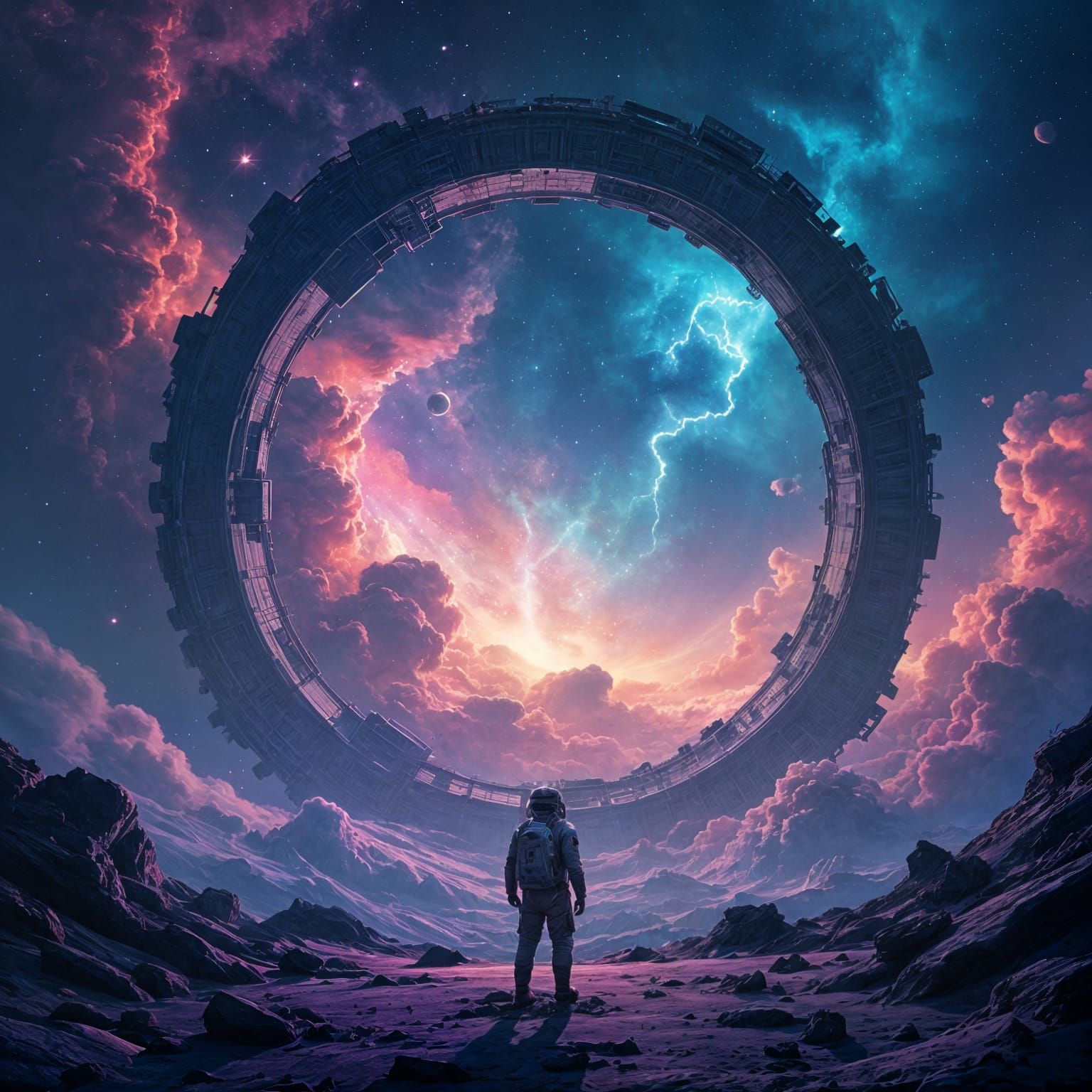 A lone astronaut adrift in the void, gazing back at a colossal, shattered ringworld. Nebulae swirl in vibrant hues of magenta and cyan aroun...