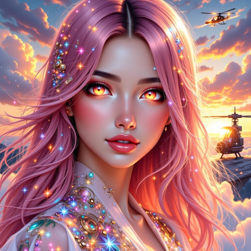 Star Beauty women insane cool Outfit big orange eyes and Long pink Hair in s a Helicopter scene Her facial features are delicately refined, ...