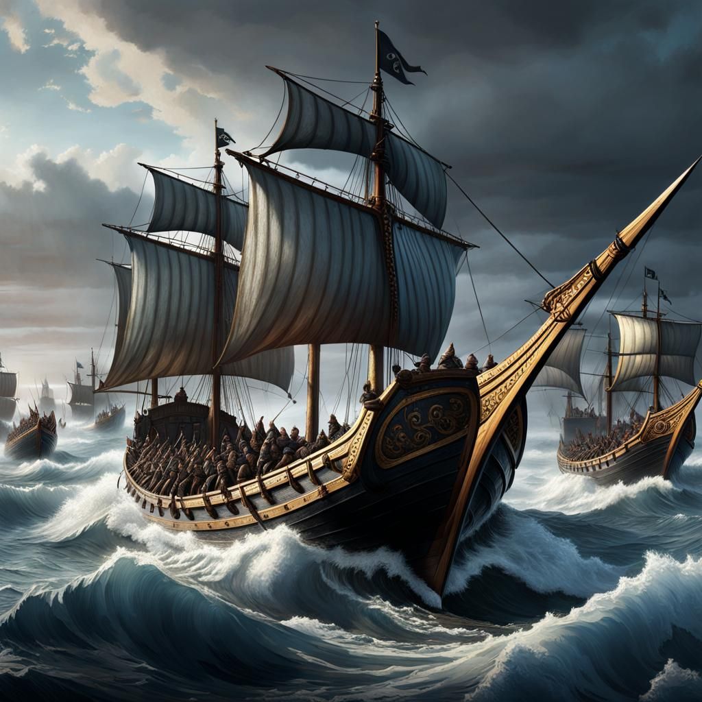 Viking long boats, full of warriors, battle the rough seas, ...