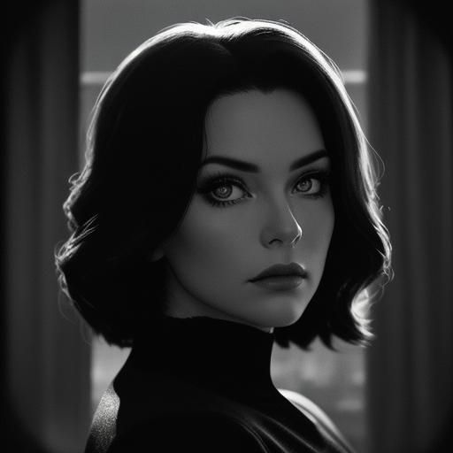 Film Noir Portrait with Cityscape at Dusk