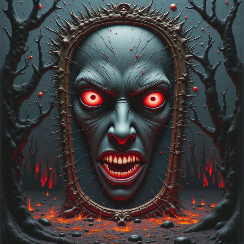 <lora:Everybody Scream:1.0>  A close-up of an angry, monstrous head with glowing red eyes devouring its own reflection in a shattered mirror...