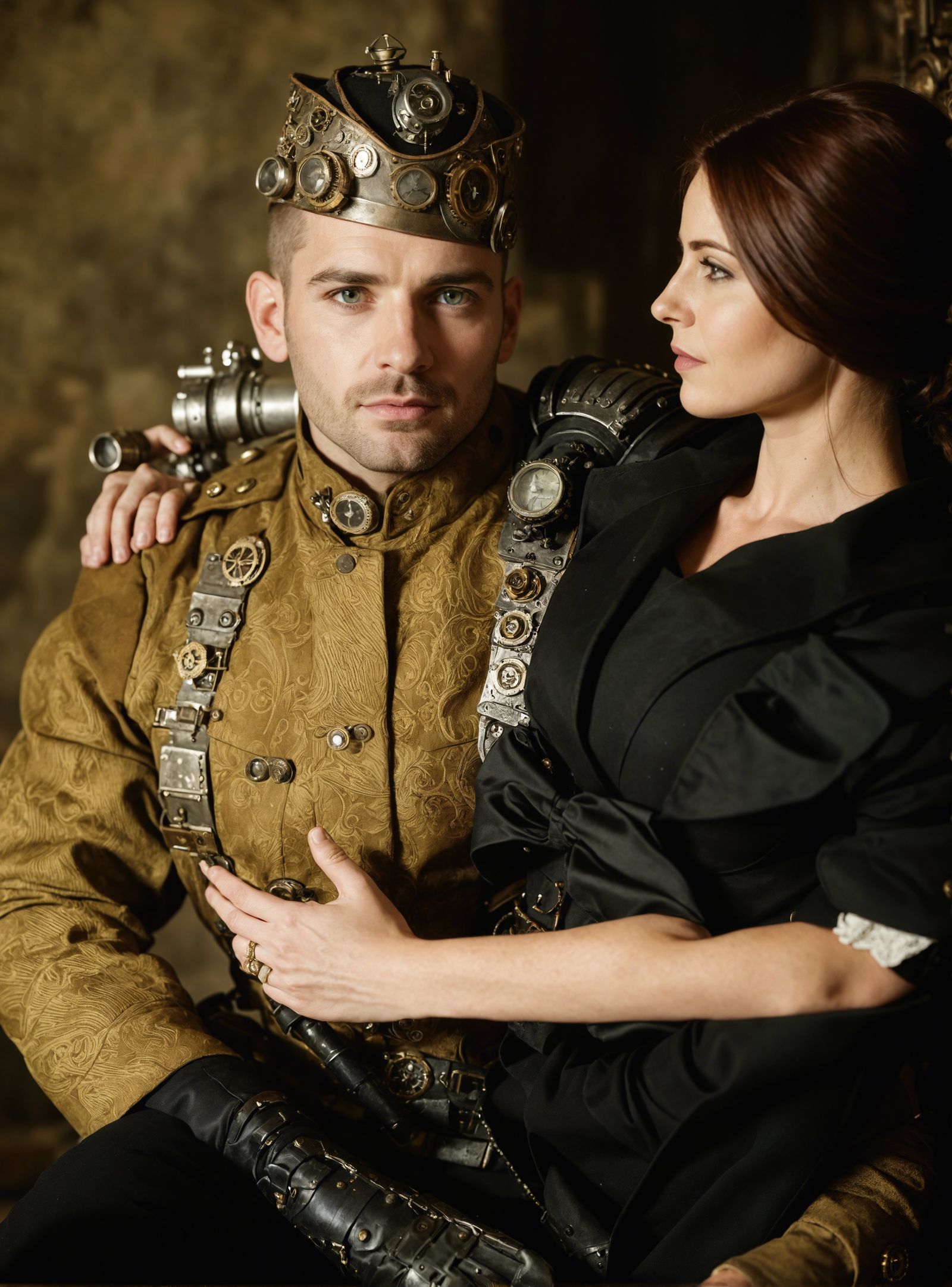 soldier with his wife in a steampunk room