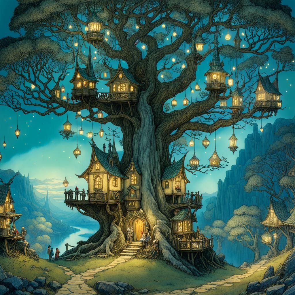 A fairy village in a tree.   by @tsiebenstern