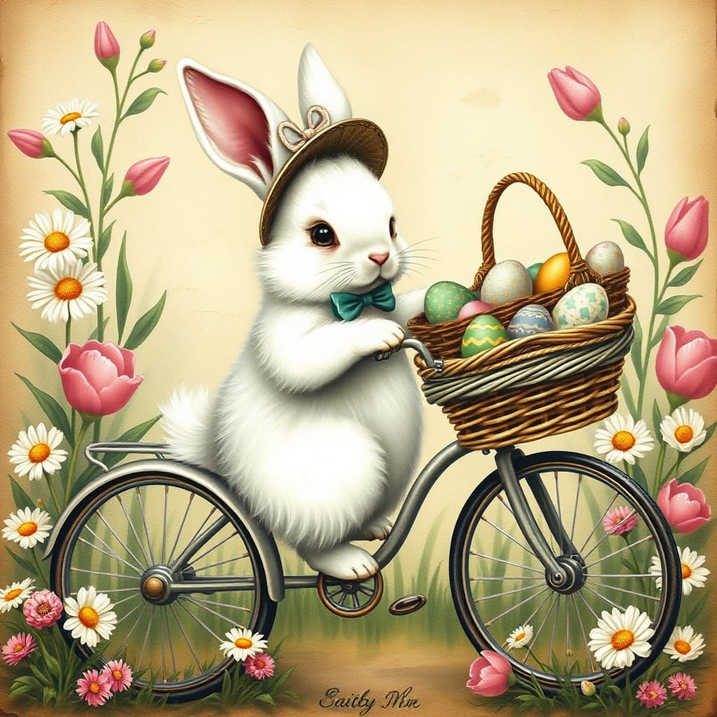 Illustration from a vintage Easter postcard. A charming, adorable, and fluffy white Easter bunny rides ...  by @Ross Tiger