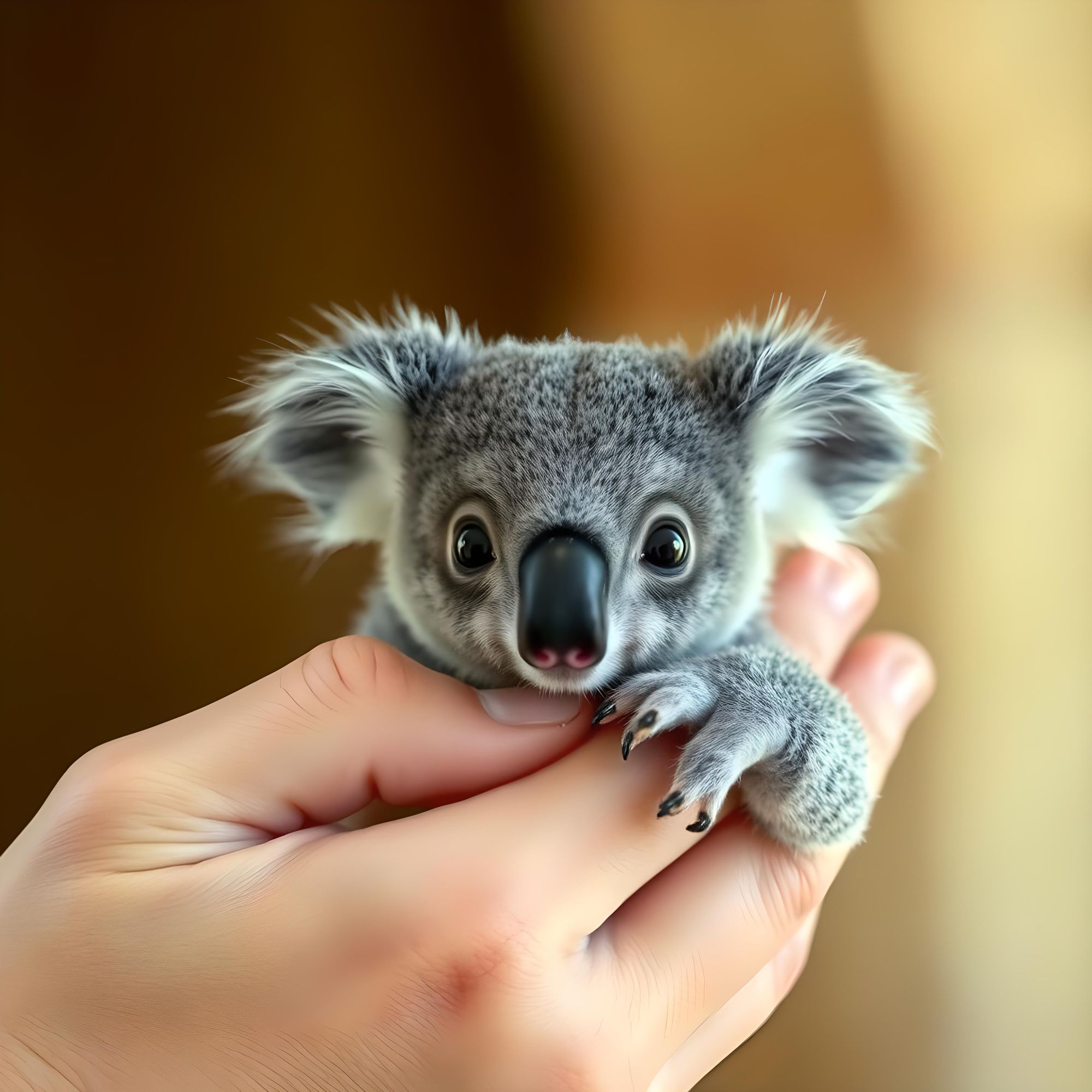 A highly detailed, creative close-up shot with a shallow depth of field of a tiny finger-sized koala, exactly six centimeters long, with flu...