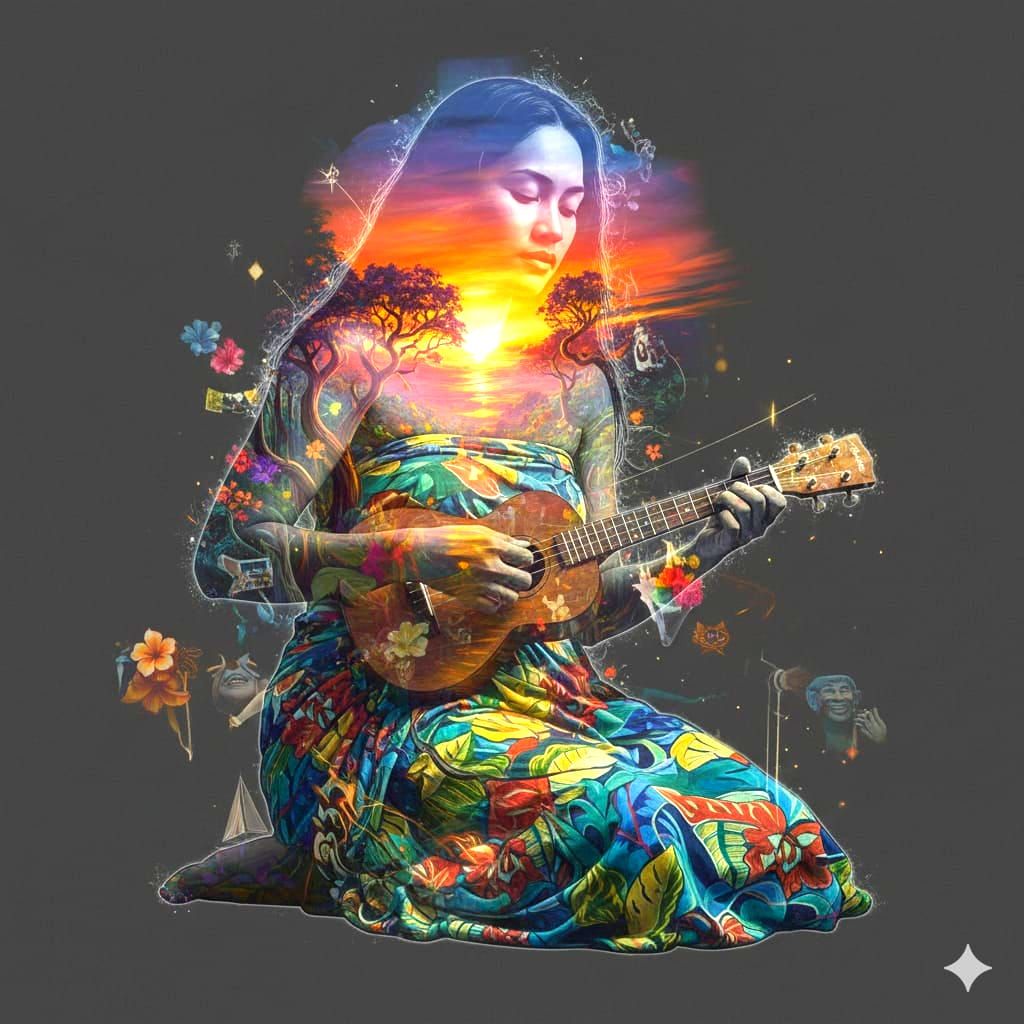 Tahitian woman playing the ukulele