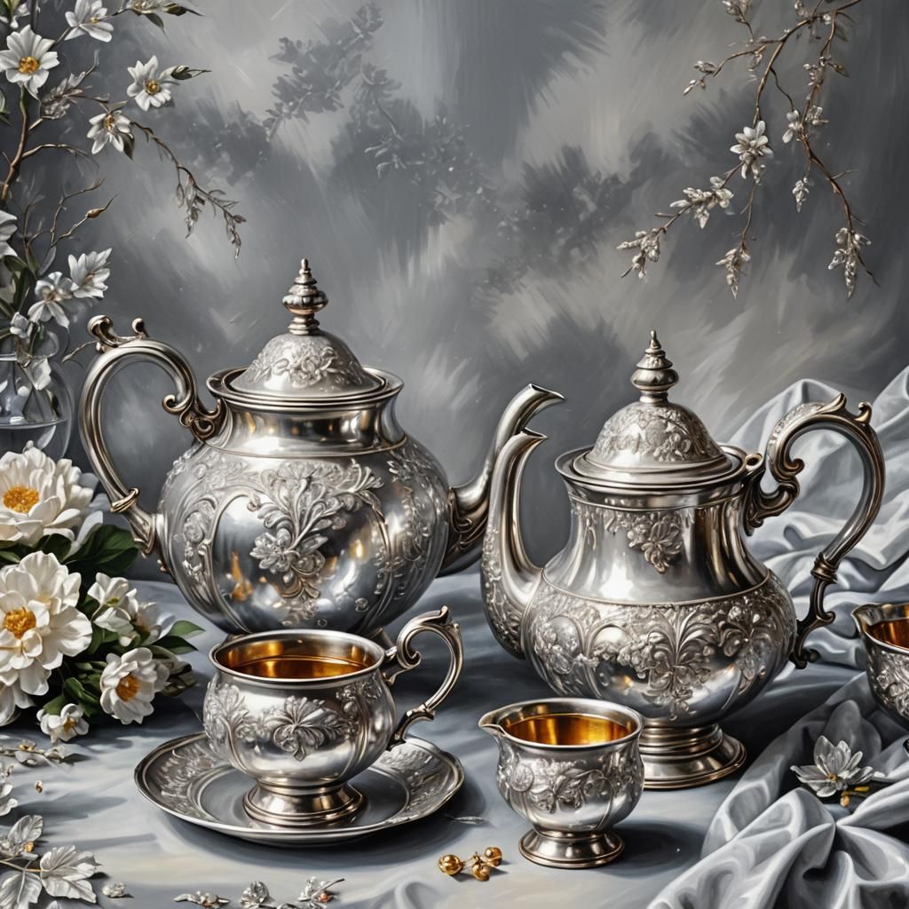Silver Teapot and Sugar Bowl Oil Painting
