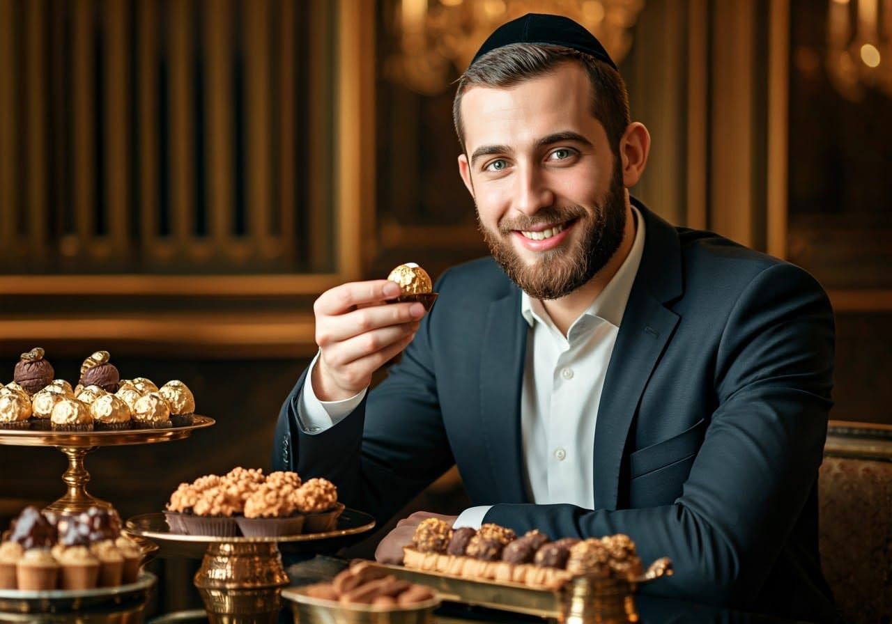Elegant Ultra-Orthodox Gentleman Savoring Luxury Pastries in...