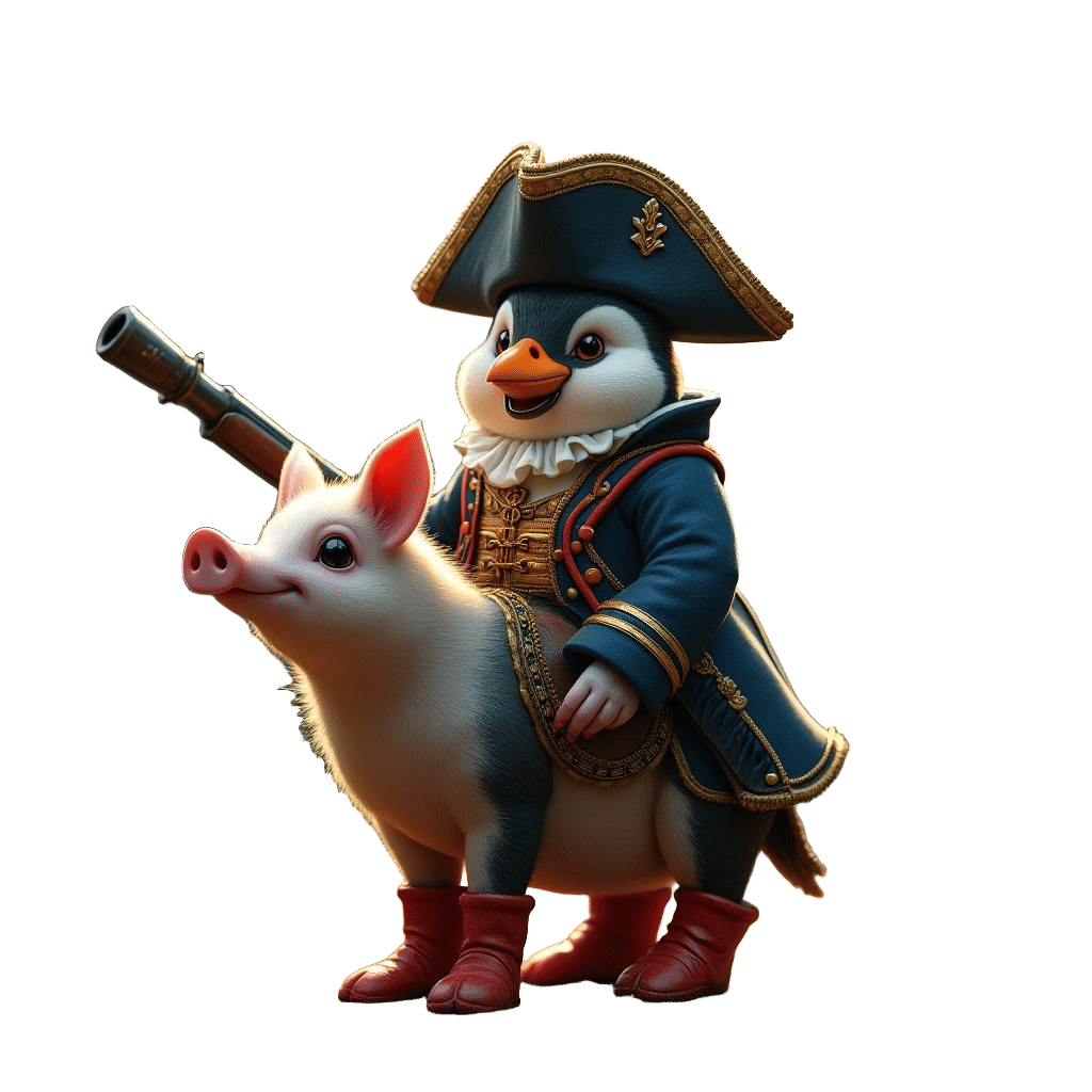 The linux penguin dressed in an American revolutionary war solider uniform riding on a piglet.  The piglet is wearing red rubber boots