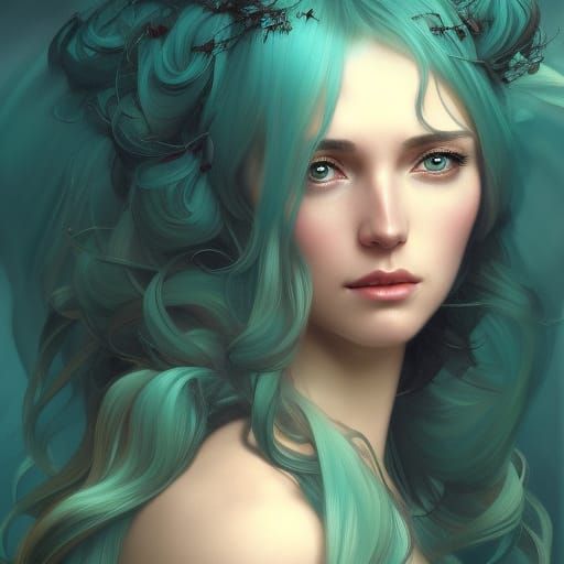 Cinematic fantasy landscape, gorgeous long aqua haired woman in a silk ...