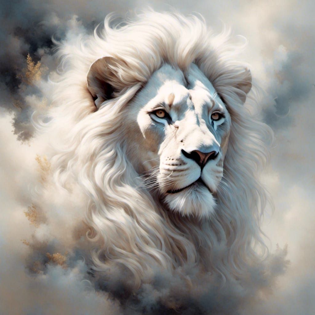 <lora:Wispy Hair:1.0> Impossibly beautiful white lion with Smokey wispy fur softly disappating, softly disappating Smokey background.