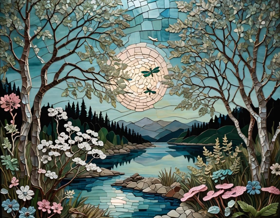 Stained glass mosaic, crochet Irish-lace, moonlight on natur...