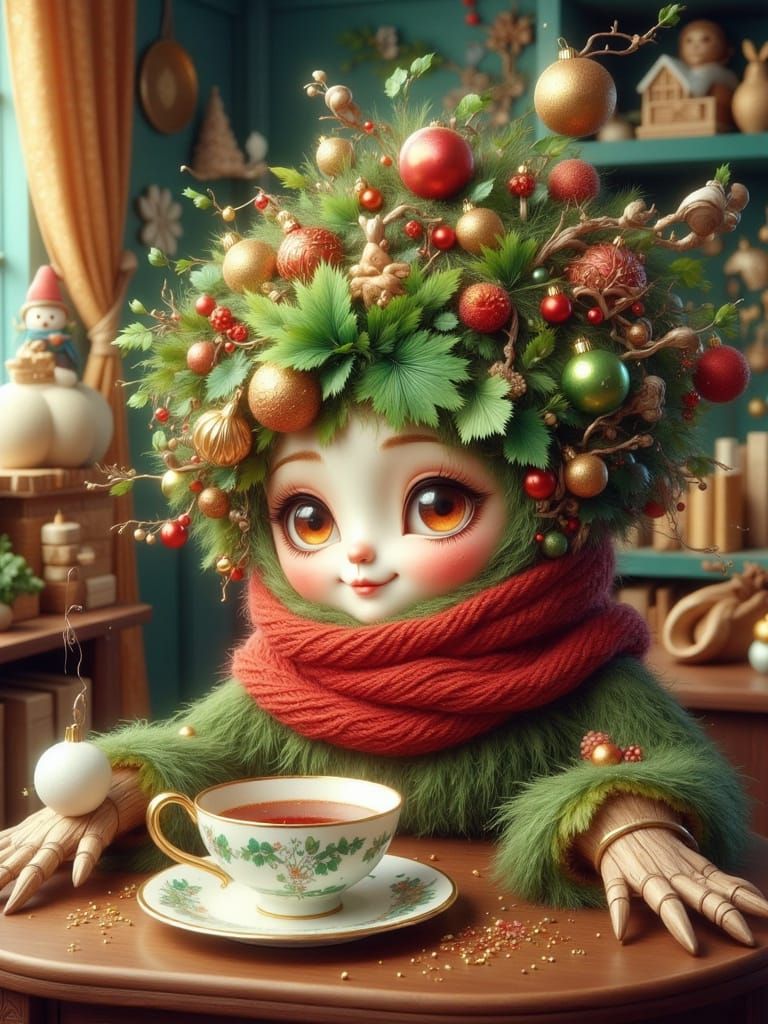 Whimsical Plant Character in Cozy Winter Scene