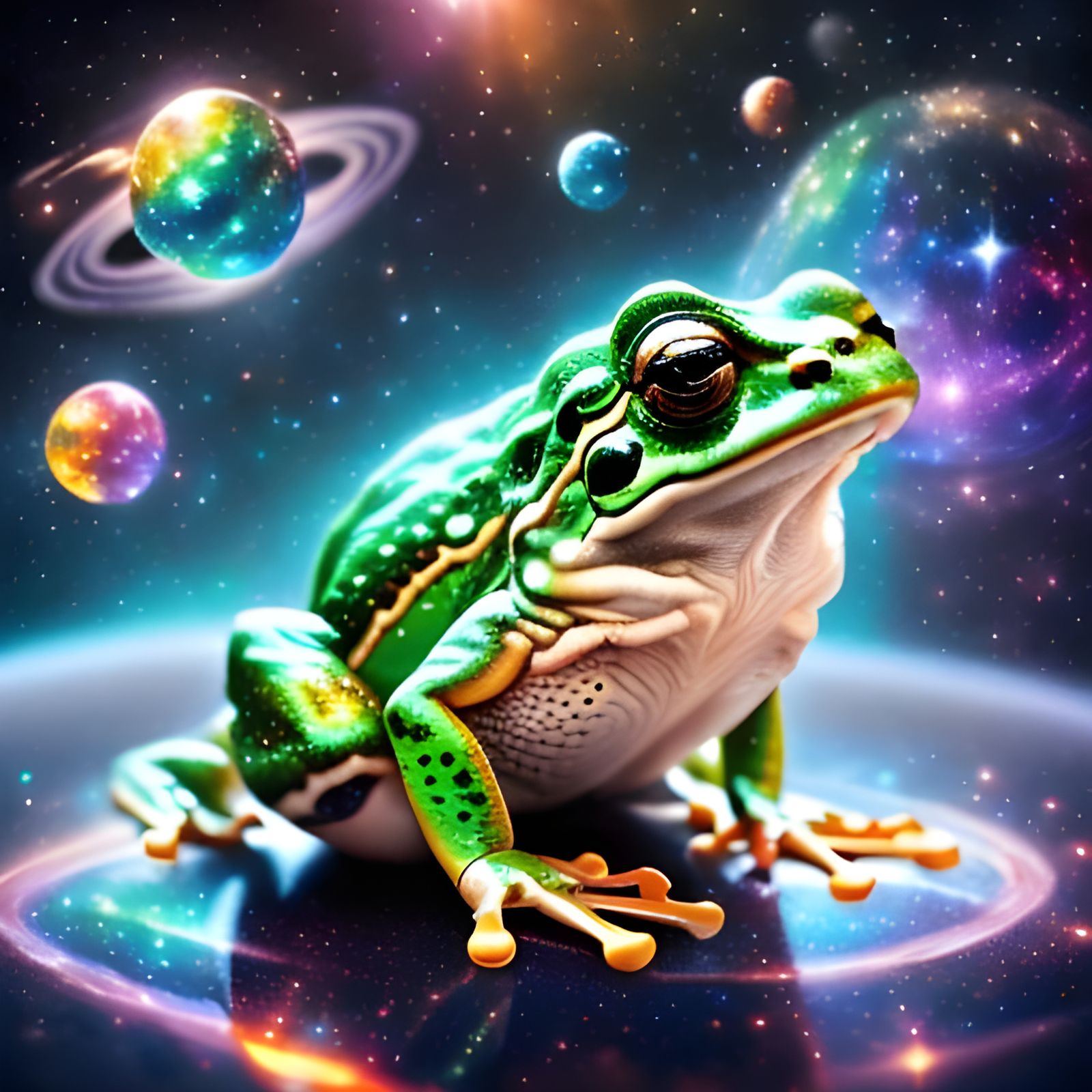  <lora:Constellation DS8:1.0> frog, outer space, glittering, double exposure, holographic art