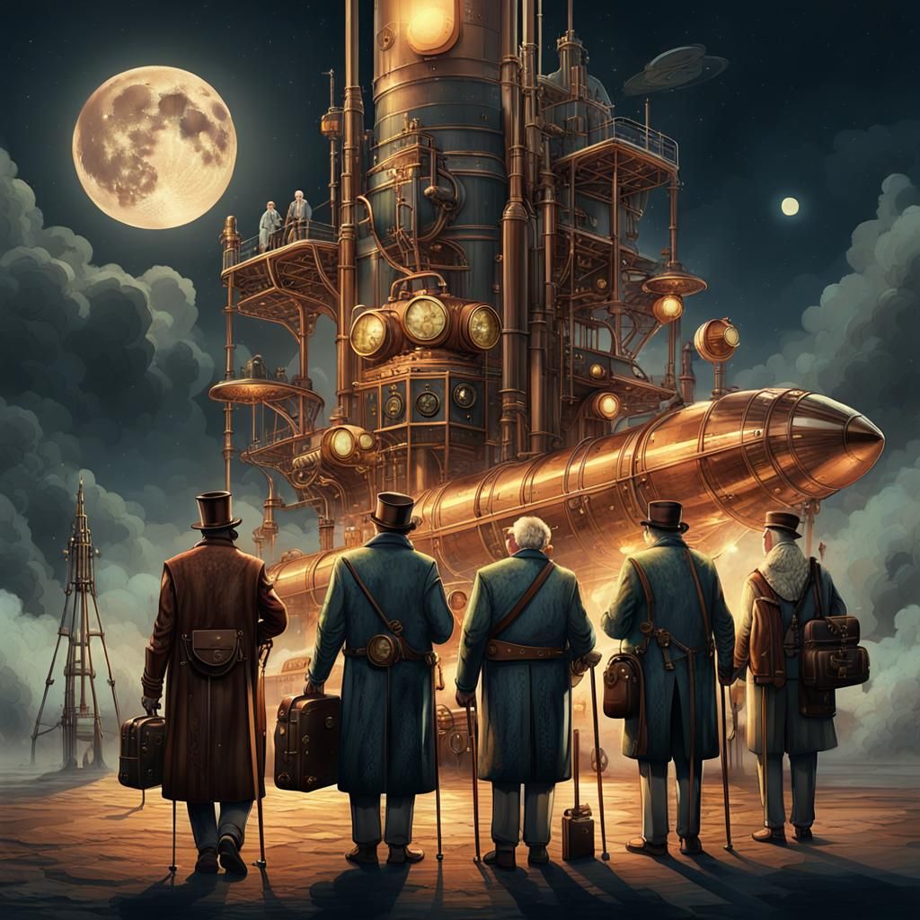 group of old people travelling to the moon waiting to board the space shuttle
