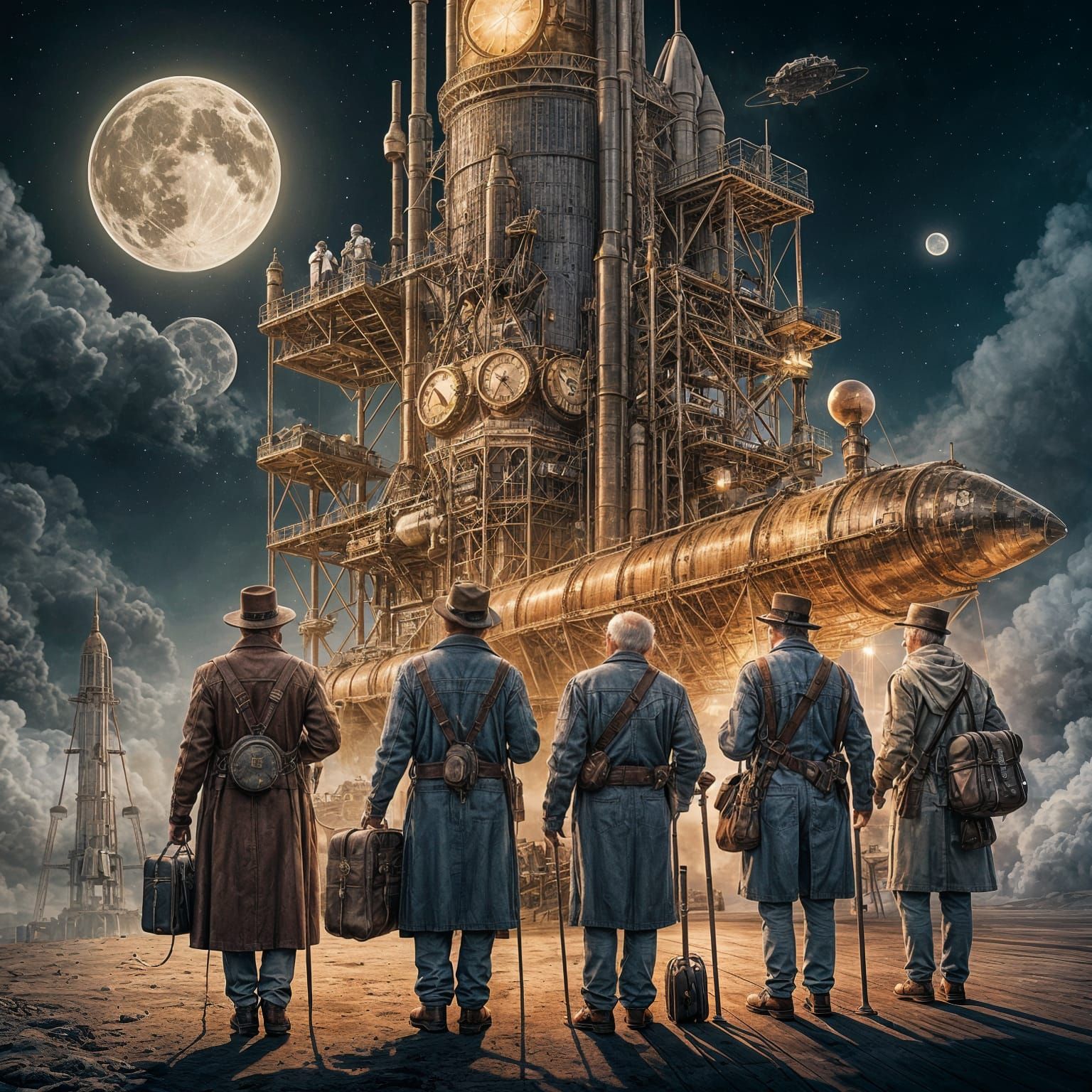 group of old people travelling to the moon waiting to board the space shuttle
  by @Woefels