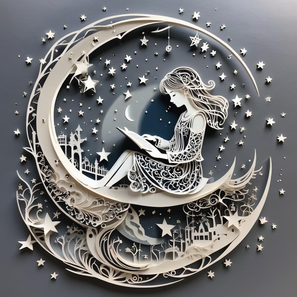 Intricate Paper cut style creation of a girl sitting on a crescent moon reading a book, stars around ...  by @Diane 