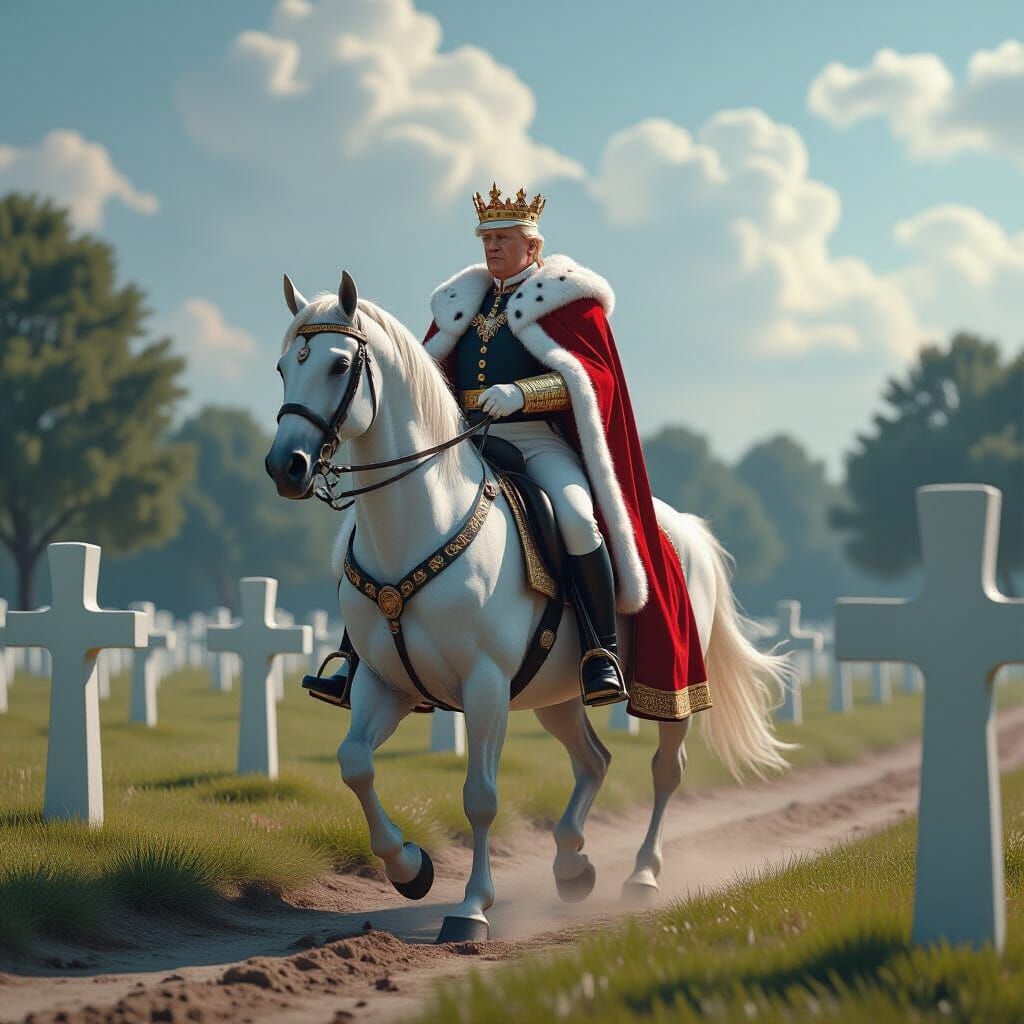 Trump is a king riding a white horse. He rides through a military cemetery. The cemetary has rows of white crosses marki...