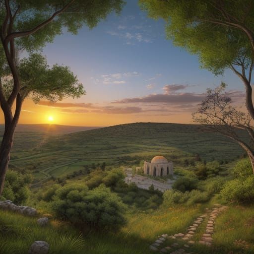 Picturesque Forest Overlook at Sunset as Oil Painting