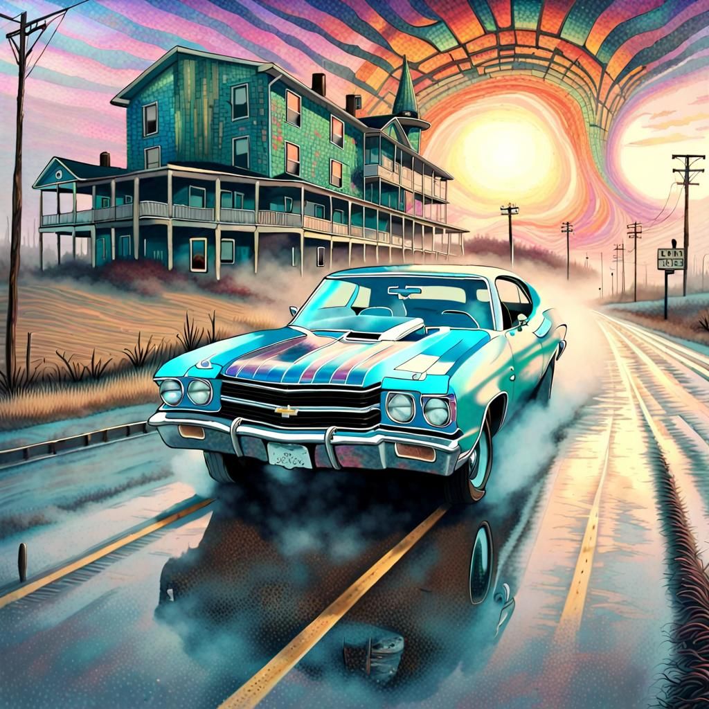 psychedelic Chevy Chevelle car driving down a trippy highway Mosaic hyperdetailed   