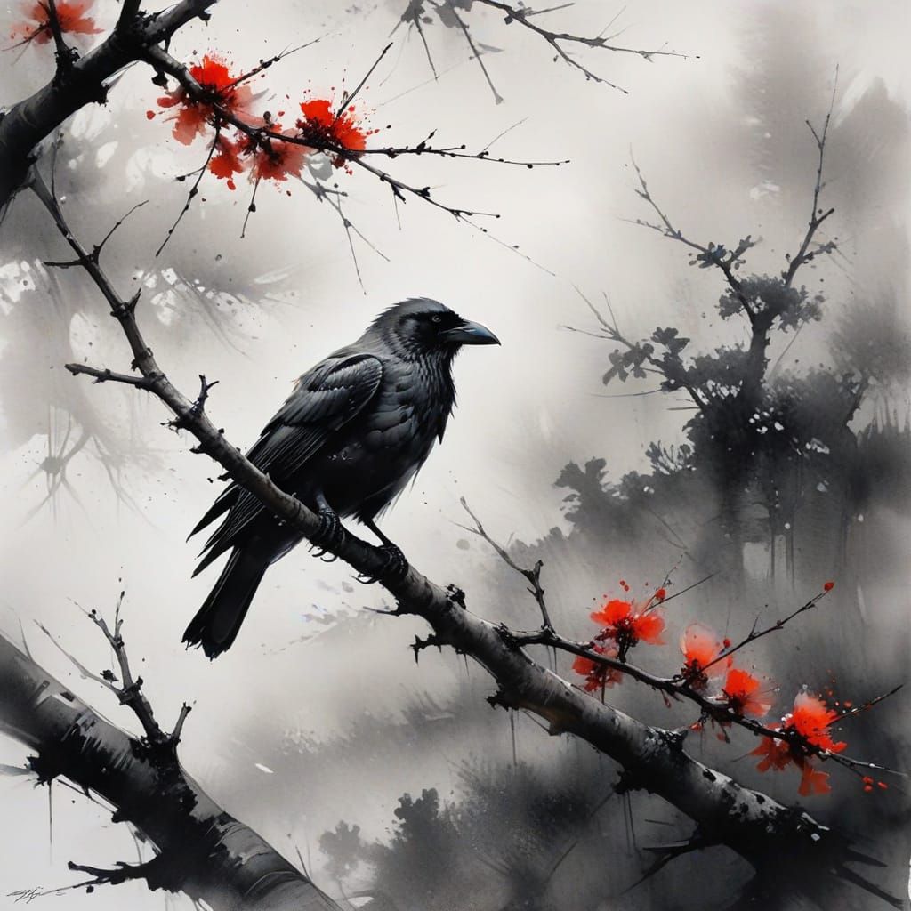 Raven and blossoms