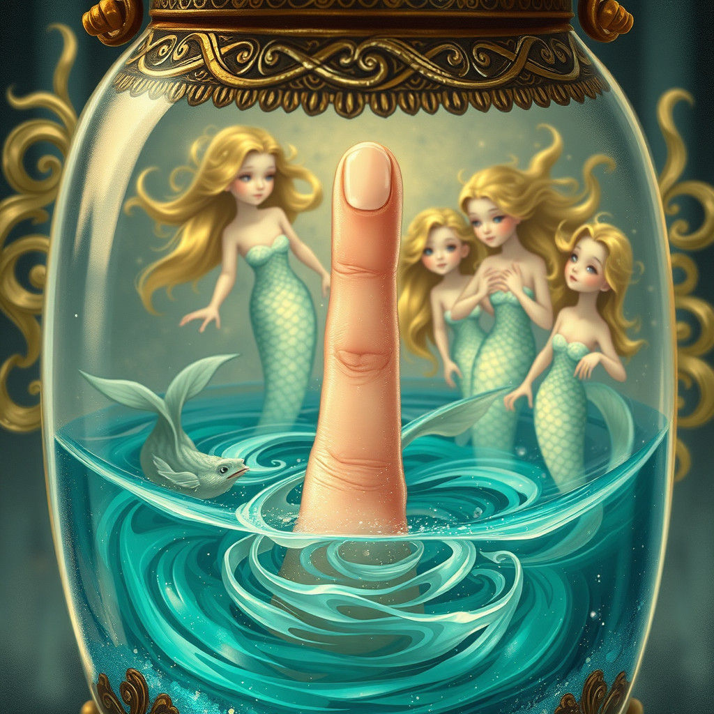 a finger in a jar with mermaids looking at it