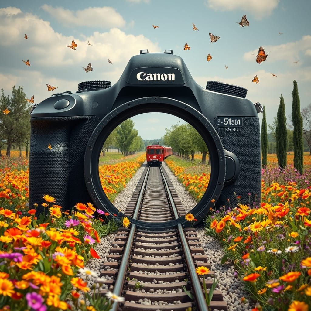 Canon Camera and Train in Summer Landscape
