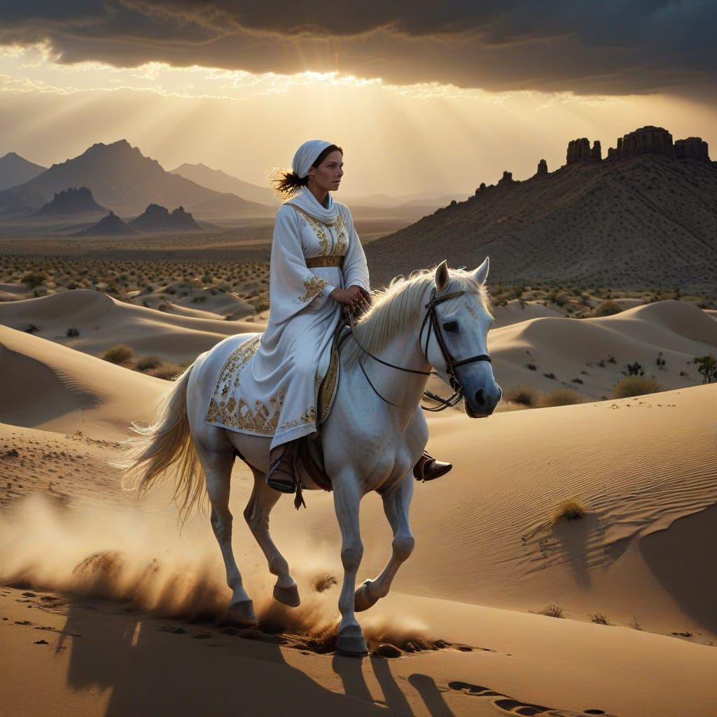 Elegant Desert Rider in a Golden Stormy Sunset