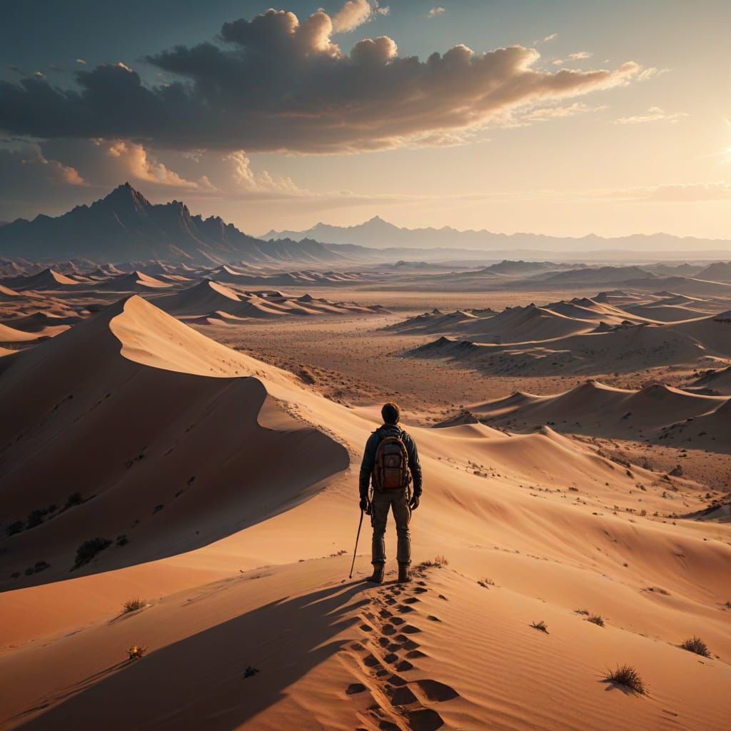 Ethereal Desert Oasis with Floating Flowers and Birds in a C...