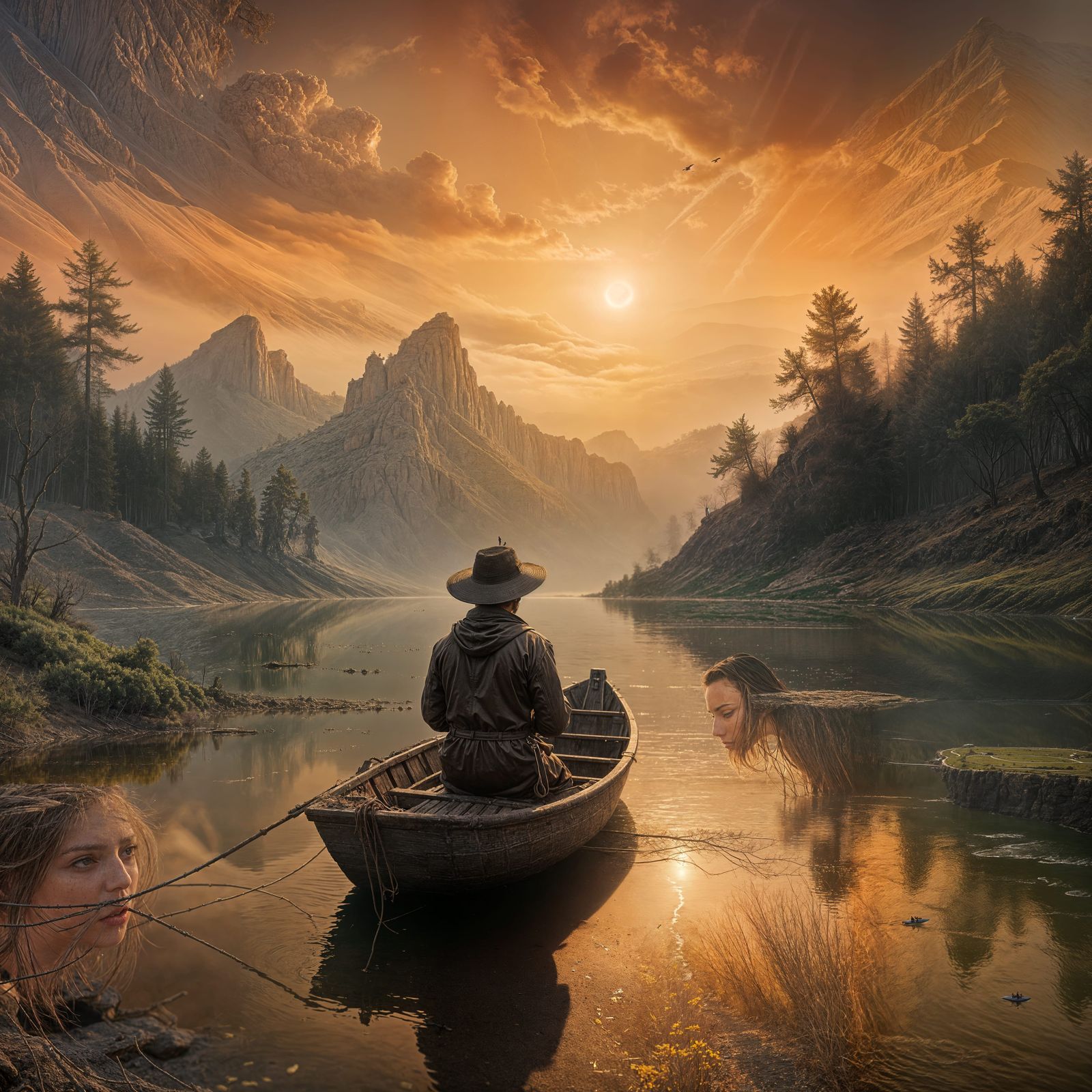 Surreal Landscape with Floating Flowers and Singing Birds, i...