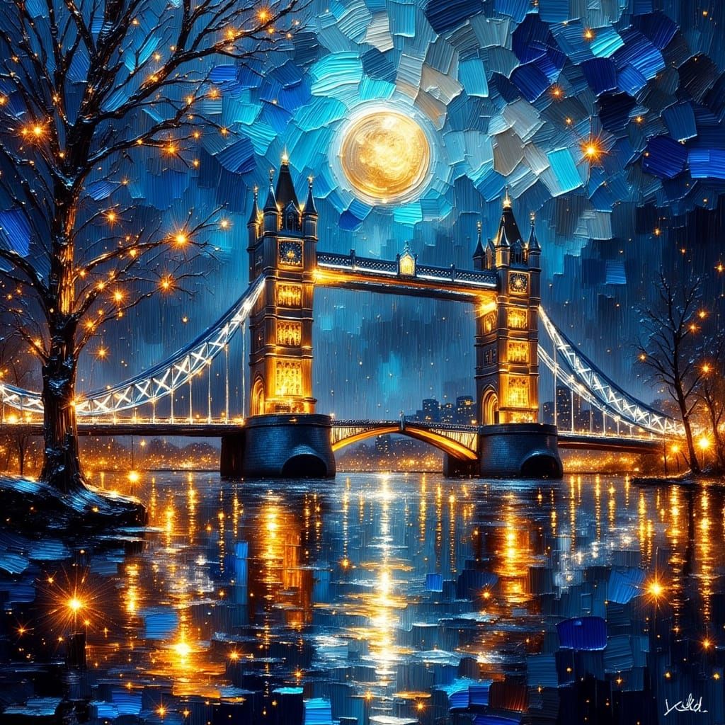 <lora:Exquisite Flux:1.0> <lora:Empaste:1.0> London's Tower Bridge at night with rain falling