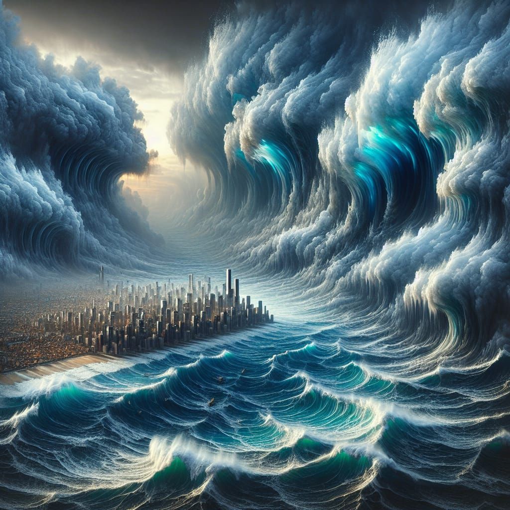 Turbulent Ocean Overwhelms City: A Dramatic 4K Image