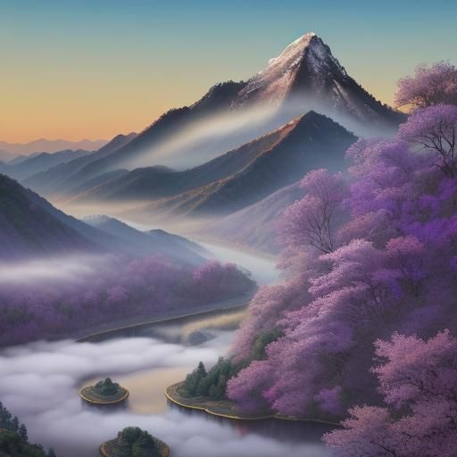 Chinese Emperor Overlooking Mountain Landscape in Ink Painti...