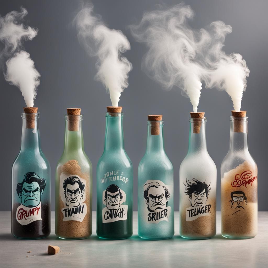 7 corked giant glass bottles each containing grumpy 80s teen...