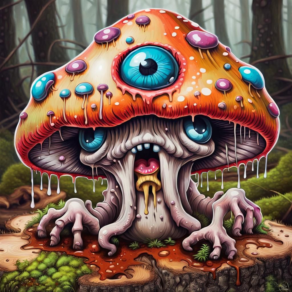 Anthropomorphic Mushroom Monster with eyes, mouth and limbs,...