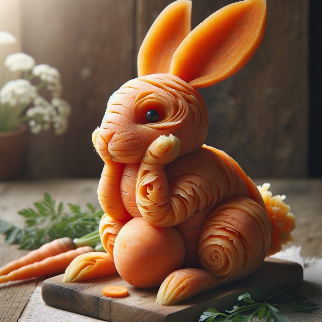An intricately carved Easter Bunny, sculpted entirely from an impossibly large carrot.   by @Scootmandu AI