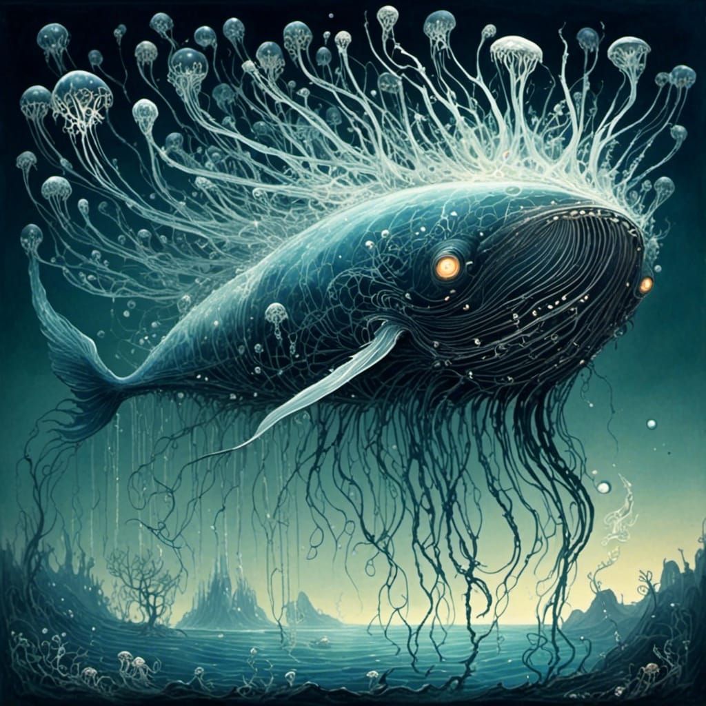 <lora:Last Fairytale:1.0> Underwater view of a huge fantastical glowing transparent glass whale swimming in the ocean. Surrounded by glowing...