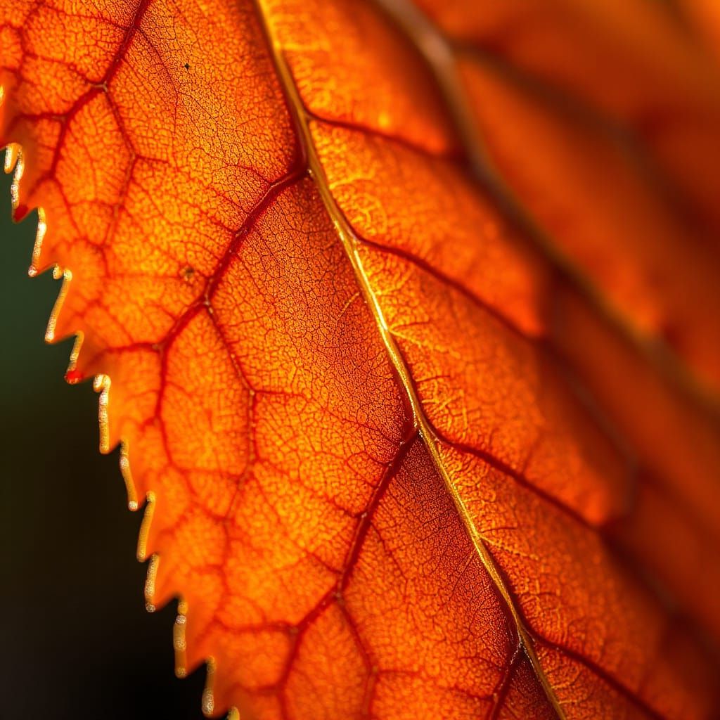 Extreme close-up photography of an autumn leaf, brilliant colors, fine vein detail  by @SirEdmund