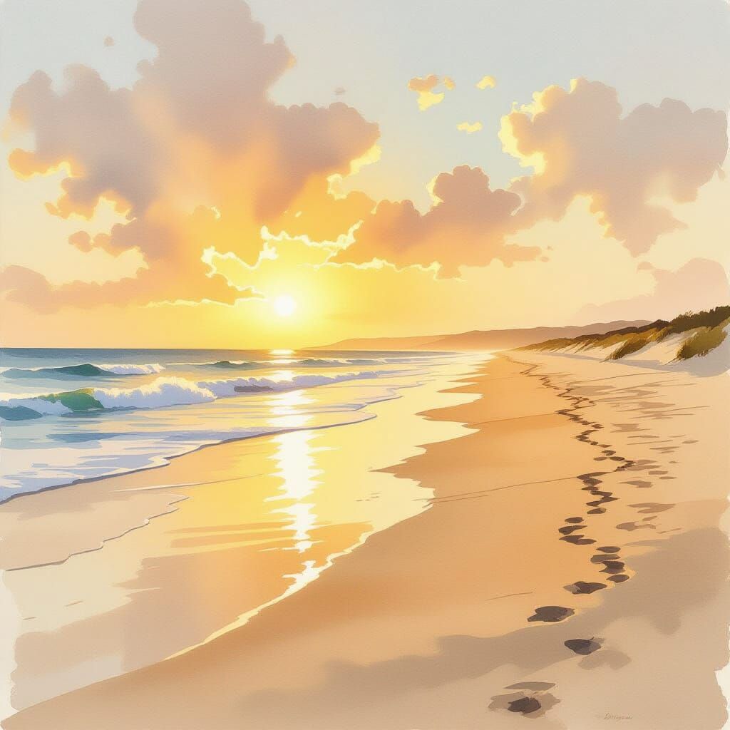 Golden Hour Beach Landscape in Watercolor Style