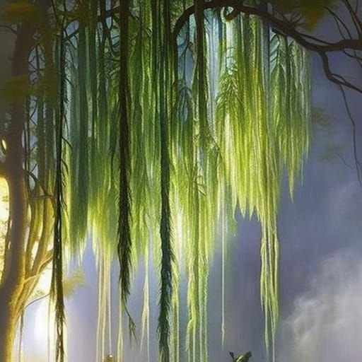 Weeping Willow chandelier hanging from the ceiling with ligh...