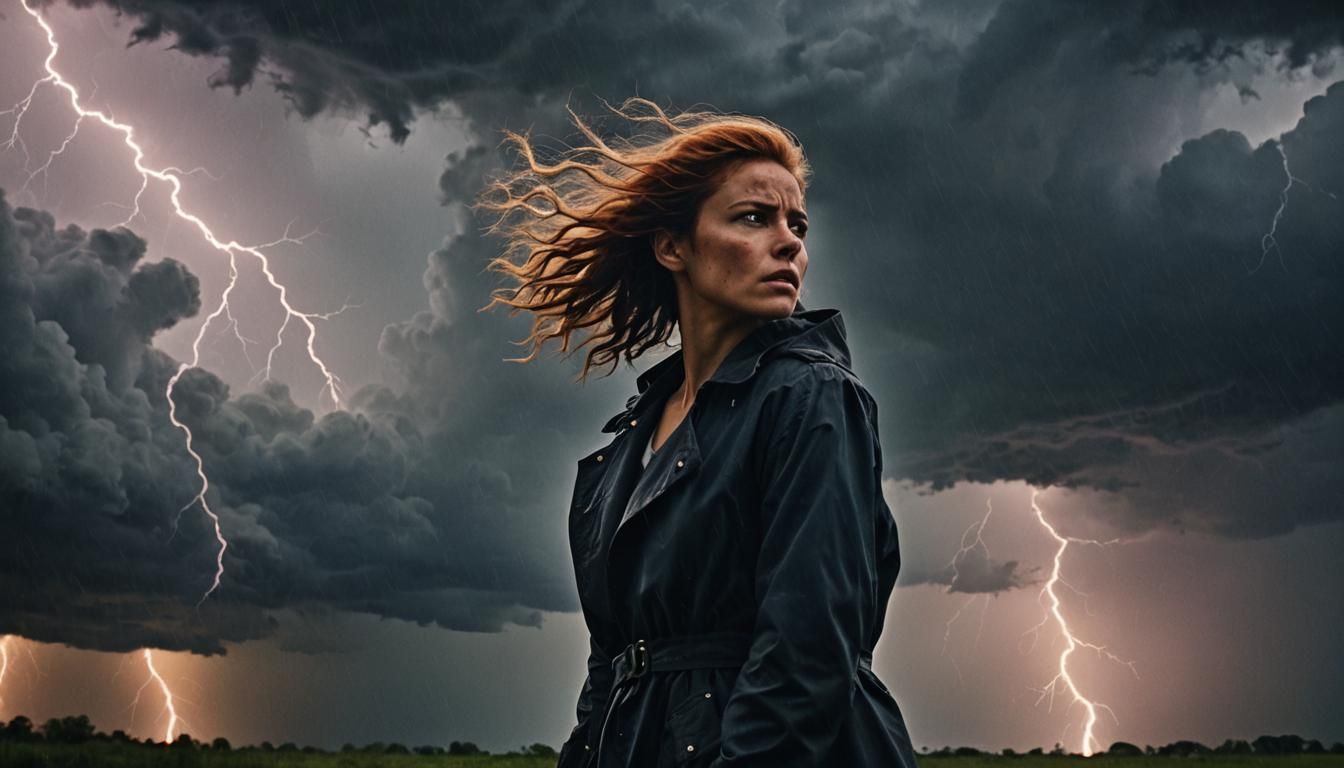 A woman silhouetted against a backdrop of dark, stormy skies...