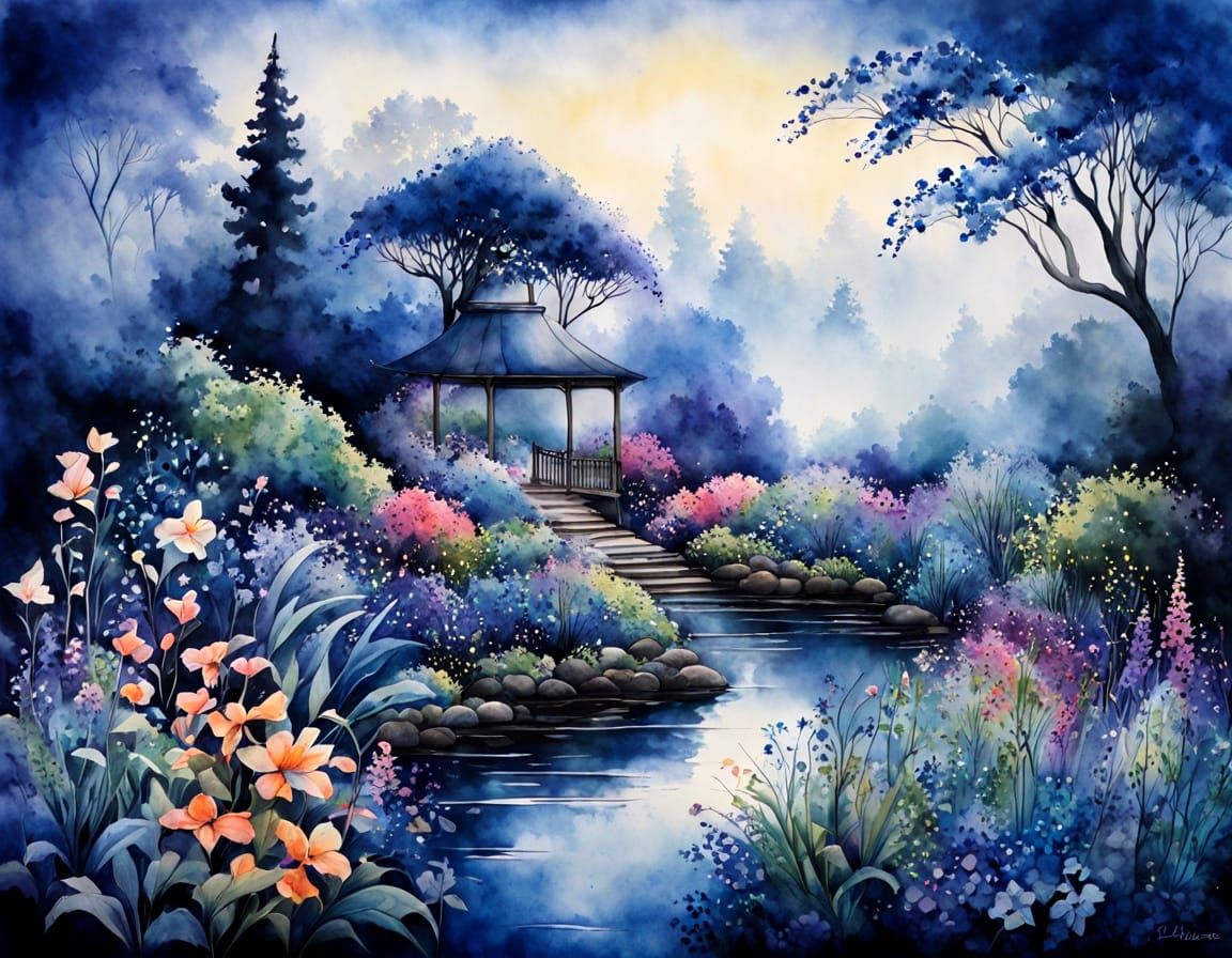 Stunning garden scene, ethereal, zentangle, mysterious fog, flowers, fantasy garden; watercolor, shades ...  by @postalorphan