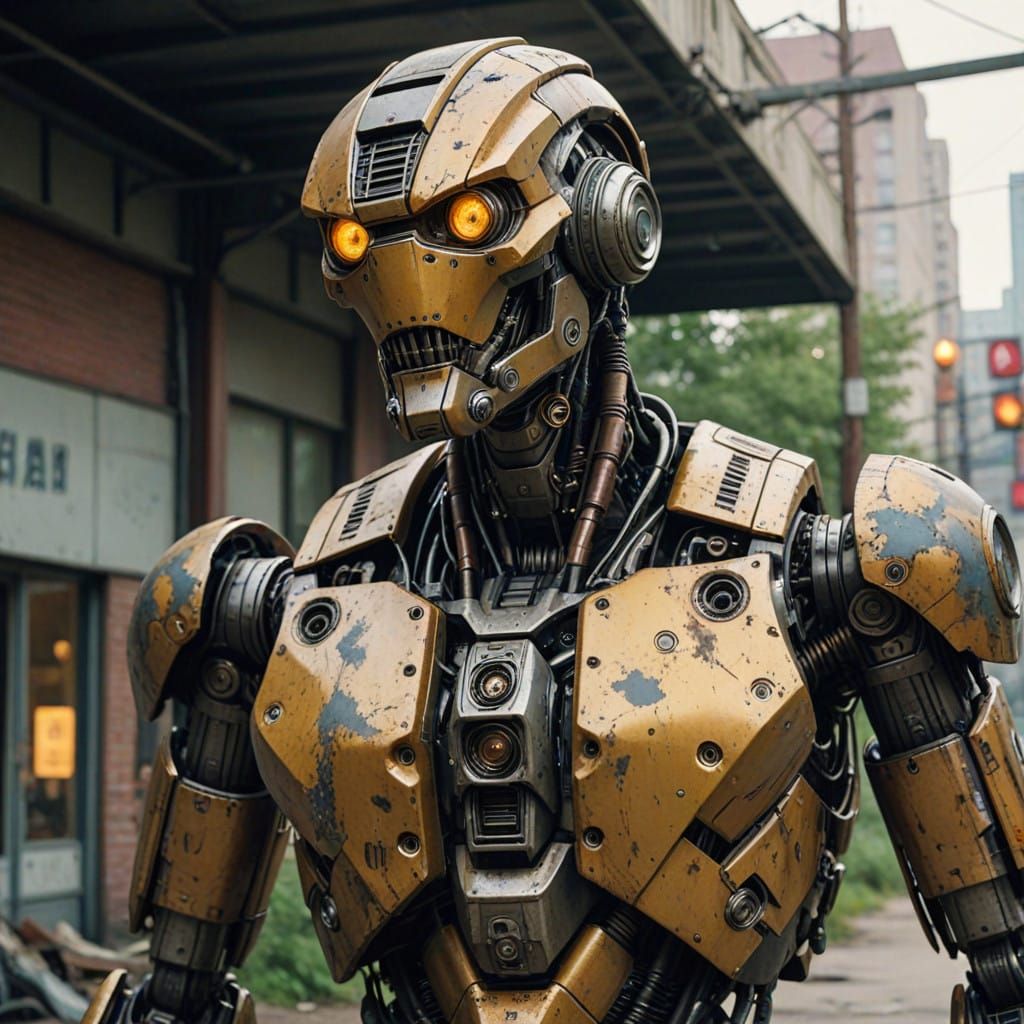 Retro-Futuristic Robot in Tattered Uniform, Standing Proud