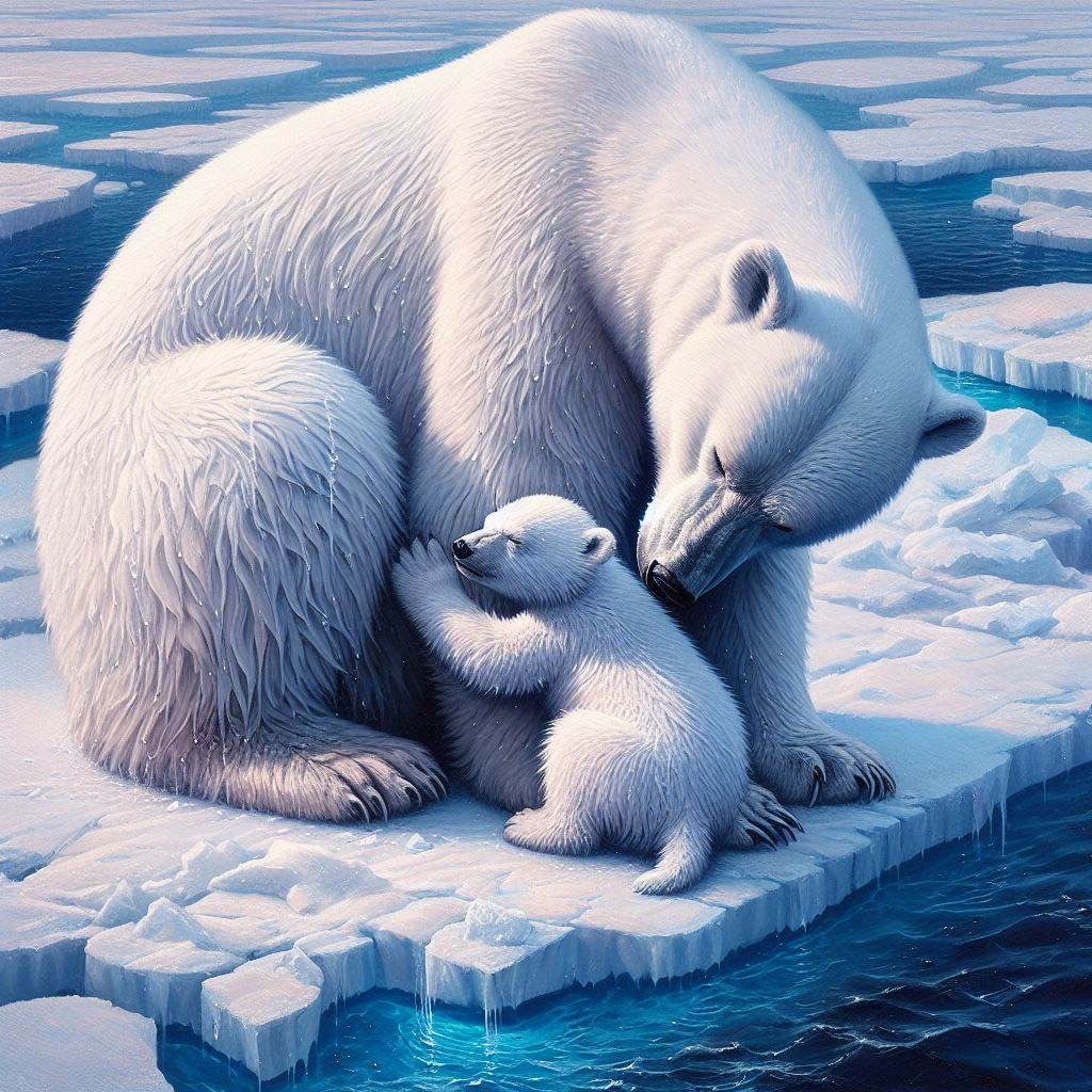 Sad Mother Polar Bear with her Baby on Melting Ice